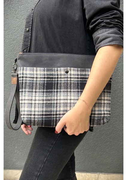 Siyah Clutch Waxed Canvas Ayarlanabilir Askılı Portföy Mumlu Kanvas Kadın El ve Omuz Çantası
