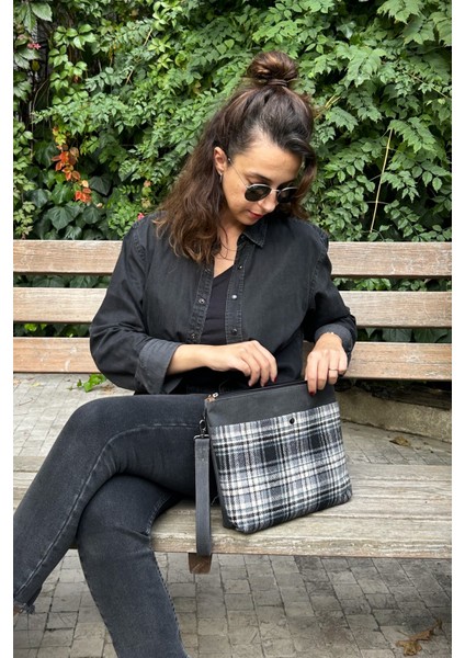 Siyah Clutch Waxed Canvas Ayarlanabilir Askılı Portföy Mumlu Kanvas Kadın El ve Omuz Çantası