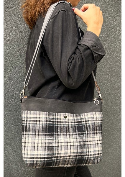 Siyah Clutch Waxed Canvas Ayarlanabilir Askılı Portföy Mumlu Kanvas Kadın El ve Omuz Çantası