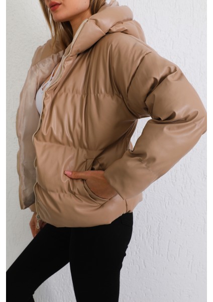 Kadın Bej Deri Kapüşonlu Şişme Mont modelleri