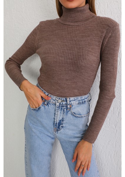 Kadın Vizon Likralı Esnek Boğazlı Triko Kazak