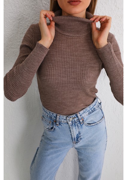 Kadın Vizon Likralı Esnek Boğazlı Triko Kazak modelleri