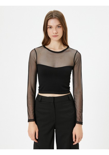 Crop Tişört Uzun Kollu Transparan Tül Detaylı modelleri