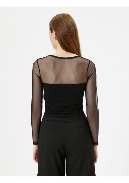 Crop Tişört Uzun Kollu Transparan Tül Detaylı fırsatları