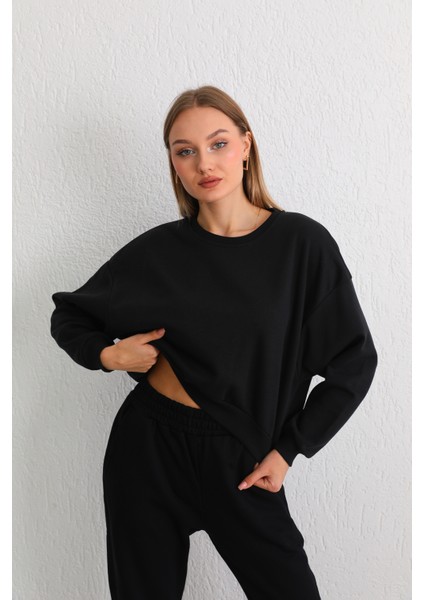 Kadın Siyah Oversize Crop Sweatshirt
