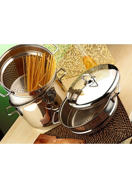 Haşlama Süzgeçli Spaghetti Çelik Tencere 22X16,5 cm Çelik Kapaklı