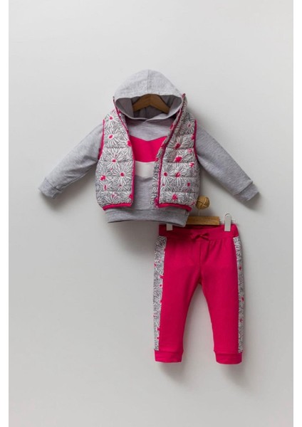 Yeni Trend Sezon 2/5 Yaş Çiçekli Şişme Yelekli Kapüşonlu 3'lü Şık Eşofman Takımı-Vişne