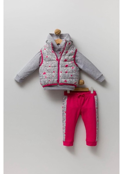Yeni Trend Sezon 2/5 Yaş Çiçekli Şişme Yelekli Kapüşonlu 3'lü Şık Eşofman Takımı-Vişne fiyatları