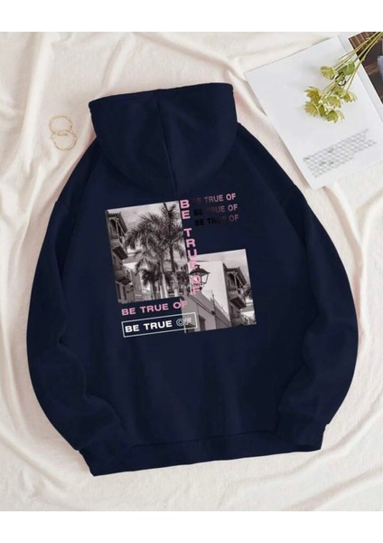 Büyük Beden Özel Tasarım Kapüşonlu Be True Of Baskılı 3 Iplik Pamuk Erkek Sweatshırt
