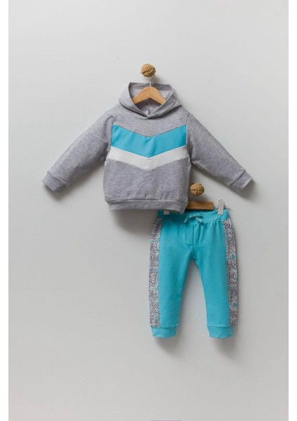Yeni Trend Sezon 2/5 Yaş Çiçekli Şişme Yelekli Kapüşonlu 3'lü Şık Eşofman Takımı-Mavi fiyatları