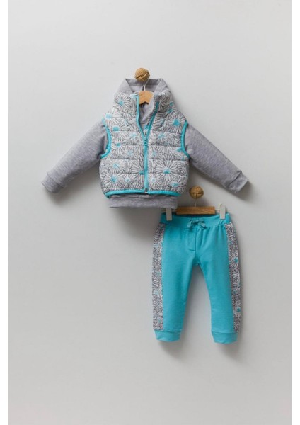 Yeni Trend Sezon 2/5 Yaş Çiçekli Şişme Yelekli Kapüşonlu 3'lü Şık Eşofman Takımı-Mavi modelleri
