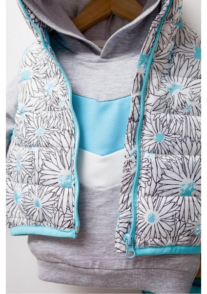 Yeni Trend Sezon 2/5 Yaş Çiçekli Şişme Yelekli Kapüşonlu 3'lü Şık Eşofman Takımı-Mavi fırsatları