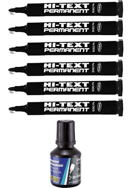 Siyah Yuvarlak Uçlu Markör Permanent Kalem 6 Adet Hı-Text Marker Mürekkep Siyah 30 ml 1 Adet Brons Koli Kalemi