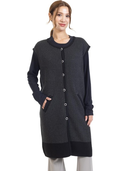 Kadın Orta Yaş ve Üzeri Triko Örgü Düğmeli Kaz Ayağı Desenli Anne Uzun Yelek 366