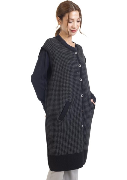 Kadın Orta Yaş ve Üzeri Triko Örgü Düğmeli Kaz Ayağı Desenli Anne Uzun Yelek 366 modelleri