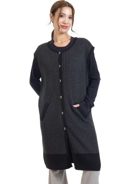 Kadın Orta Yaş ve Üzeri Triko Örgü Düğmeli Kaz Ayağı Desenli Anne Uzun Yelek 366 fırsatları
