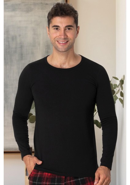 Mecit 2850 Siyah Bisiklet Yaka Uzun Kollu Likralı Pamuk Erkek Tişört