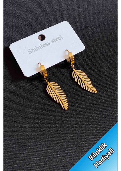 Trend Collection Figürlü Sallantılı Gold Tüy Yaprak Çelik Küpe Kadın 3 cm Paslanmaz Çelik Küpe