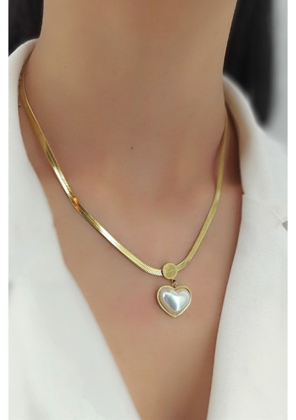 Kadın Paslanmaz Çelik Gold Italyan Zincir Sedef Kalp Kolye
