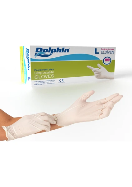 Dolphin Pudralı Beyaz Latex Eldiven Büyük Boy (L) 100 Lü Paket