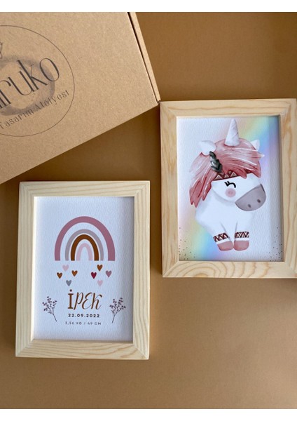 Çocuk Odası Ahşap Çerçeve Kişiye Özel Tablo ve Unicorn 2'li Set No:1 Bebek ve Çocuk Odası Set