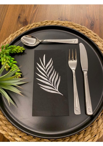 Gümüş Yaldızlı Siyah Yaprak Desenli Peçete 16 Lı