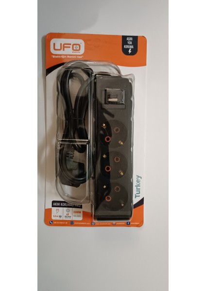 Ufo 3500W  Akım Korumalı Anahtarlı (1.5 Metre) ve Usb'li Üçlü Grup Priz Siyah