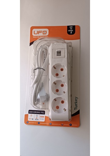 Ufo 3500W  Akım Korumalı Anahtarlı (1.5 Metre) ve   Usb'li   Üçlü Grup Priz Beyaz