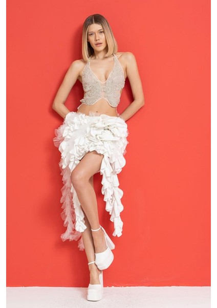 Taşlı Kelebek Büstiyer Off White Kadın