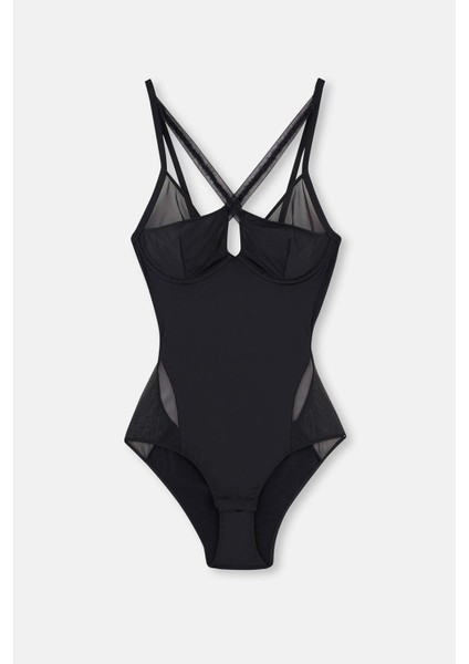 Siyah Tül Detaylı Bodysuit