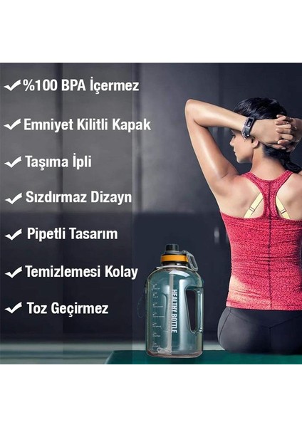 2200 ml Su Matarası Bpa Içermez Su Matarası Suluk Taşıma Ipli Pipetli Emniyet Kilitli Matara