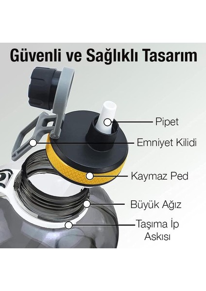 2200 ml Su Matarası Bpa Içermez Su Matarası Suluk Taşıma Ipli Pipetli Emniyet Kilitli Matara