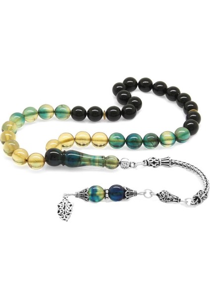 925 Ayar Gümüş Püsküllü Küre Kesim Süzme Mavi-Beyaz Ateş Kehribar Tesbih