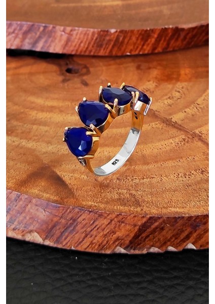 Safir Taşlı Otantik Yüzük Kadın Damla Model Gümüş Yüzük YZK-228