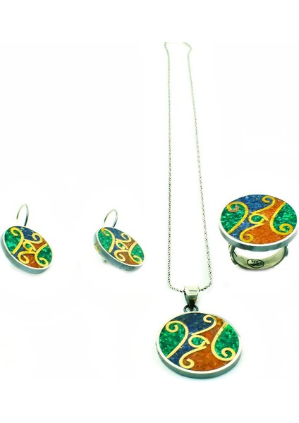 Mozaik Taşlı Otantik Gümüş Set Kadın Yüzük Küpe Kolye Ucu SET-259