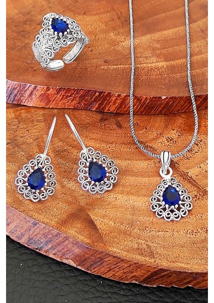 Safir Taşlı Telkari Gümüş Set Oksitli Kadın Takım Yüzük Küpe Kolye Ucu SET-260