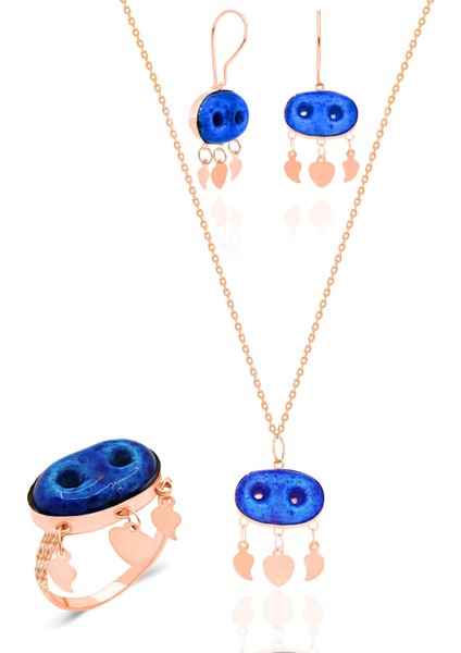 Midyat Nazar Boncuğu Kolye Küpe Seti Rose Gümüş Set SET-436