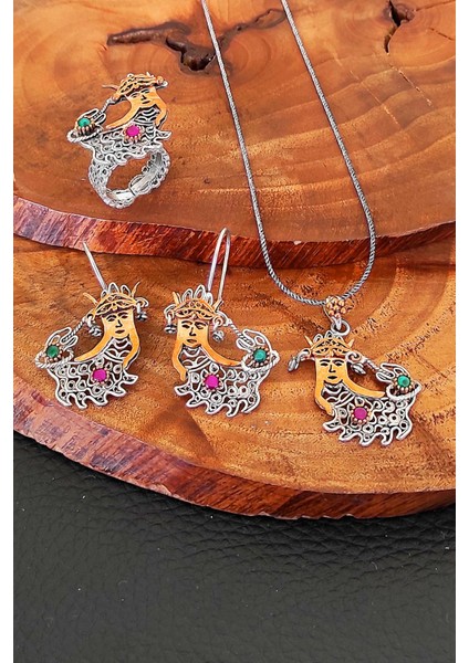Telkari Otantik Şahmeran Gümüş Takım Yüzük Küpe Kolye Seti SET-440