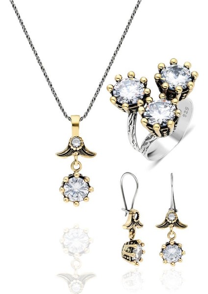 Zirkon Taşlı Otantik Gümüş Üçlü Set Kadın Yüzük Küpe Kolye Takım SET-331