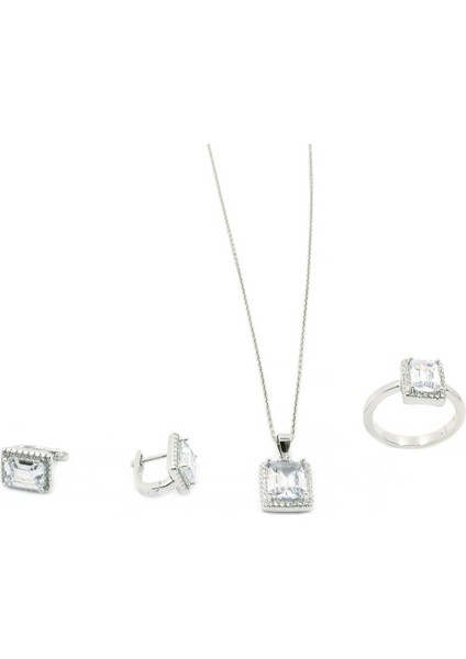 Baget Taşlı Rodyumlu 925 Ayar Kadın Gümüş Set Yüzük Küpe Kolye SET-309