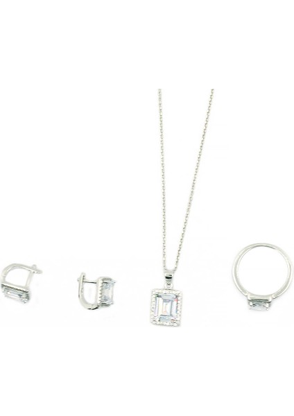 Baget Taşlı Rodyumlu 925 Ayar Kadın Gümüş Set Yüzük Küpe Kolye SET-309 fiyatları