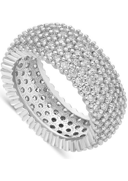 Kadın Gümüş Beş Sıra Zirkon Taşlı Tamtur Gümüş Yüzük 925 Ayar YZK-332