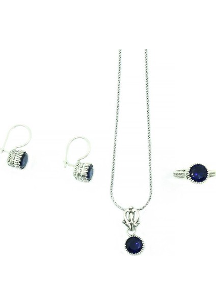 Safir Taşlı Gümüş Üçlü Set Kadın Yüzük Küpe Kolye Takım SET-321
