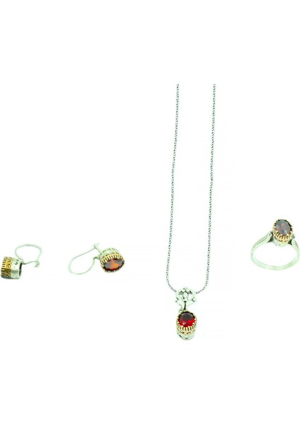 Yakut Taşlı Otantik Gümüş Üçlü Set Kadın Yüzük Küpe Kolye Takım SET-322