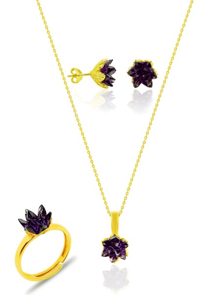 Lotus Çiçeği Gümüş Yaldızlı Ametist Taşlı Set Küpe Kolye Ayarlamalı Yüzük SET-419