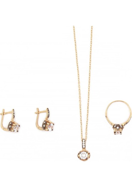 Roze Rengi Tek Taşlı Gümüş Kadın Üçlü Set Yüzük Küpe Kolye SET-290