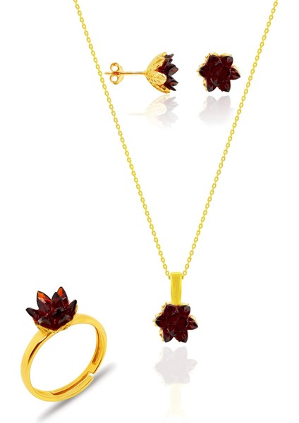 Lotus Çiçeği Gümüş Yakut Taşlı Yaldızlı Set Küpe Kolye Yüzük Ayarlamalı SET-424