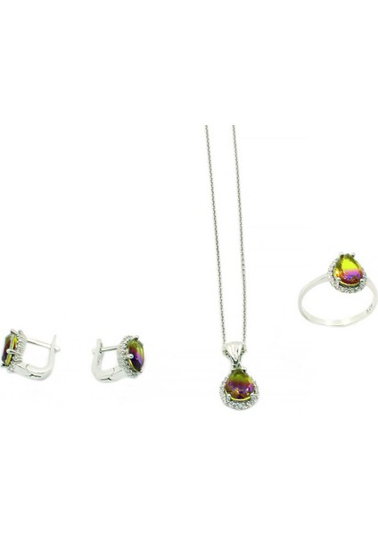 Renkli Taşlı Gümüş Kadın Üçlü Set Yüzük Küpe Kolye 925 Ayar SET-302