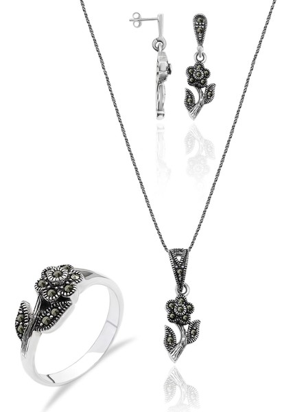 Markazit Taşlı Çiçek Motifli Gümüş Kadın Üçlü Set Yüzük Küpe Kolye SET-306