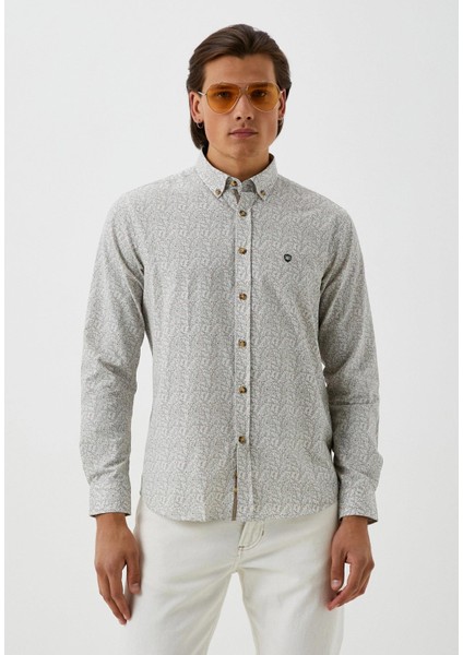 Erkek Desenli Gömlek Haki Floral Baskı Slim Fit Düğmeli Yaka Logo Detay Poplin 7181